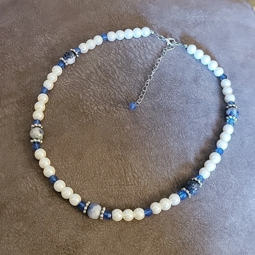3/$30 Faux Pearl Blue Stone Beaded Bridal Necklace